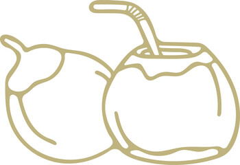 Golden Outline Of Two Coconuts With A Straw In One For A Refreshing Tropical Drink On A Transparent Background