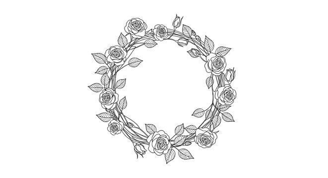 Vector art of detailed line art illustration of a rose wreath, circular shape