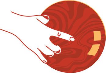 Illustration of a white hand reaching towards a large textured red circle with abstract beige shapes in the background graphic element on transparent background