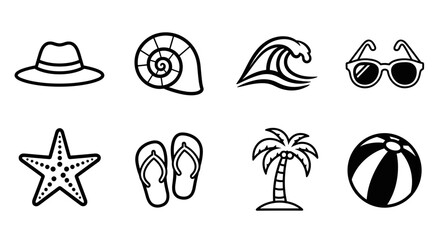Fototapeta premium Vector art of black and white line art of summer themed objects, beach vacation