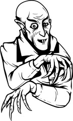 Monochromatic Drawing of a Vampire Character with Pointed Teeth and Long Claws Against a Transparent Background