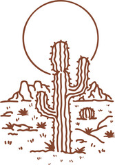 Line Art Desert Landscape With Saguaro Cactus And Mountains Under A Large Sun In Sepia Tones Isolated On Transparent Background