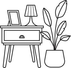 Minimalist Line Art Of A Nightstand With A Lamp And A Potted Plant Beside It On A Transparent Background