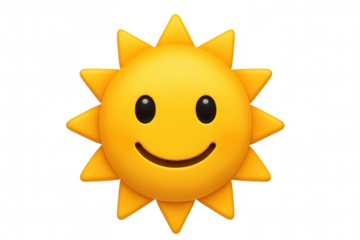 Smiling sun emoji representing bright weather, positive emotions, and happiness with a yellow face and black eyes