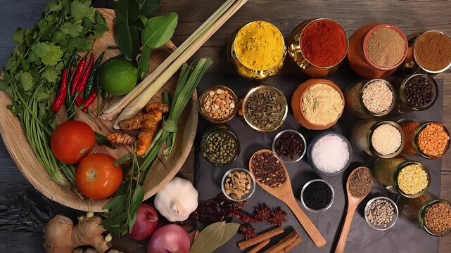 Overhead flat lay vibrant colourful spices herbs fresh produce vegetables legumes on wooden table spread splash smoking spice mix dark black slate metal clay pot palm leaf plate board copy text frame