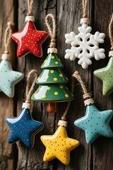 Photorealistic ceramic Christmas ornaments (mostly stars, snowflake instead of tree) with matte/glazed/speckled finishes in red