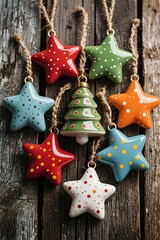 Photorealistic ceramic Christmas ornaments (mostly stars, snowflake instead of tree) with matte/glazed/speckled finishes in red, green