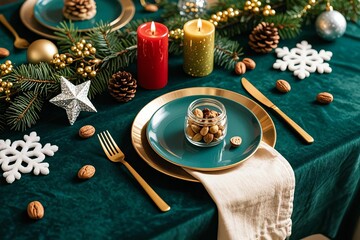 Festive tabletop scene with dark teal base, green velvet, metallic plate, gold cutlery, mixed nuts