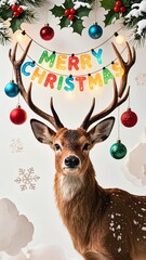 Realistic deer head with brown antlers adorned with colorful Christmas lights spelling 'MERRY CHRISTMAS', surrounded by festive ornaments (red star, blue snowflake, green dotted)