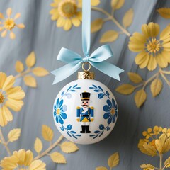 White Christmas ornament with blue hand-painted floral patterns and nutcracker figure, hanging from pale cyan satin ribbon on gray fabric with warm yellow floral designs