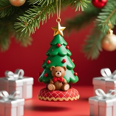 Realistic Christmas tree ornament shaped like small green tree with red berries, gold star, teddy bear on red plaid base, surrounded by silver-and-white gift boxes