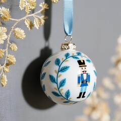 White Christmas ornament with blue hand-painted floral patterns and nutcracker figure, hanging from pale cyan satin ribbon on gray fabric with warm yellow floral designs