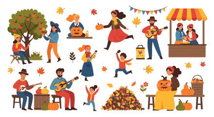 A vibrant illustration of an autumn harvest festival with people picking apples, carving pumpkins, playing music, and enjoying fall activities.