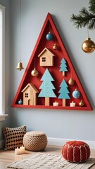 Red triangular wall decor with wooden houses, trees, and baubles; light blue-accented trees, brass bells, light gray wall, hanging pine ornaments, woven poufs and candles
