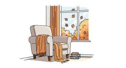 A cozy armchair with a blanket and books sits by a window with falling autumn leaves outside.
