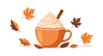 Autumn pumpkin spice latte with whipped cream and cinnamon stick, surrounded by falling orange and brown leaves on a white background.
