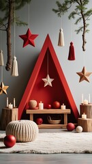 Red triangular wall decor with wooden houses, trees, and baubles; light blue-accented trees, brass bells, light gray wall, hanging pine ornaments, woven poufs and candles