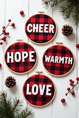 Four red and black buffalo check embroidery hoops with bold white text (CHEER, HOPE, WARMTH, LOVE) on white wood, surrounded by pine branches, pinecones, and red berries â€“ rustic Christmas decor