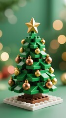 Naklejka premium Photo-realistic Lego Christmas tree with green bricks, golden star, copper and gold ornaments, varied small bricks base, soft blurred background with warm bokeh