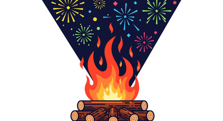 A vibrant bonfire with colorful fireworks exploding in the night sky above.