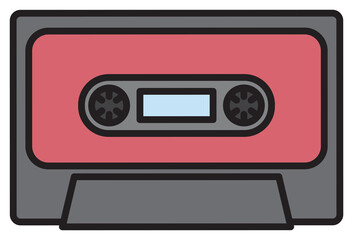 Retro audio cassette tape with red label and light blue window on transparent background