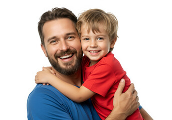 Joyful father and son bonding together in a warm embrace, isolated on white or transparent background. PNG