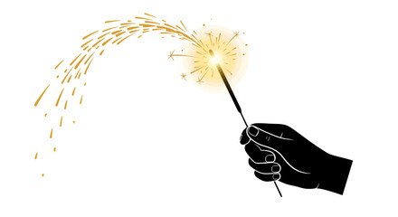 A black silhouette of a hand holding a lit sparkler emitting golden sparks against a white background.