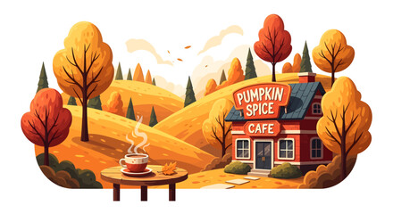 An inviting autumn scene featuring a pumpkin spice cafe nestled in a vibrant, colorful landscape.