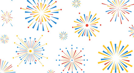 Colorful fireworks pattern on a white background, festive and celebratory.