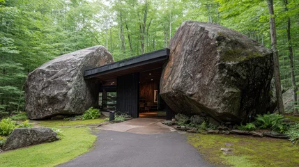 Gordijnen Olijfgroen Unique rock house design nestled in a forest landscape with walkway  © Nami