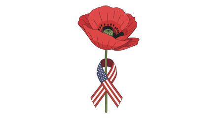 A single red poppy with an American flag ribbon tied around its stem, symbolizing remembrance and patriotism.