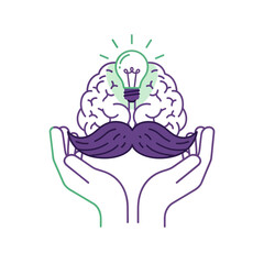 Brain with lightbulb and mustache held in hands illustration.