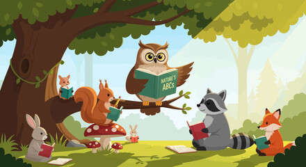 Naklejka premium An owl, squirrel, raccoon, fox, rabbit, and mouse are reading books under a large tree in a bright, sunny forest.