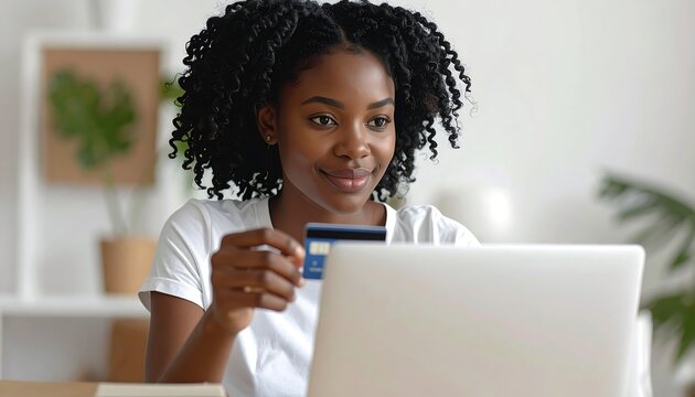 Woman holding credit card and using laptop for online payment, symbolizing e-commerce and fintech