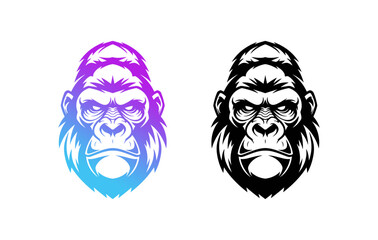 Two gorilla head illustrations, one in a blue to purple gradient and the other in black and white.
