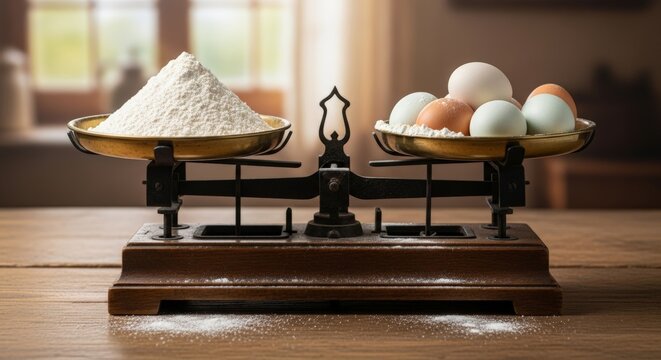 Old-fashioned balance scale with flour and eggs on wooden table rustic baking mood.