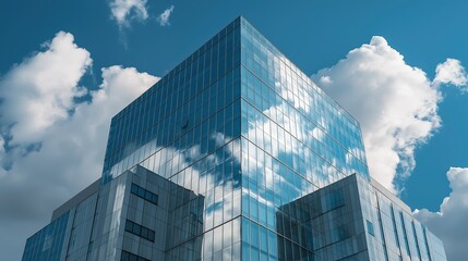 :
Modern glass office building with reflective blue windows against cloudy sky, contemporary corporate architecture, low angle view, business district exterior