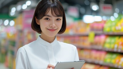 Smiling female retail worker in white uniform holds tablet in vibrant supermarket aisle — modern, efficient, and customer-focused shopping experience.