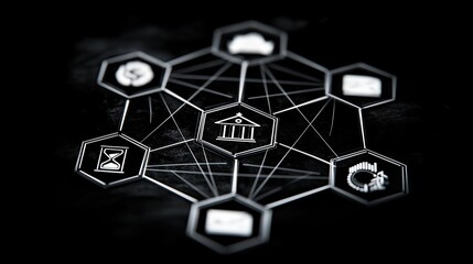 Digital banking network concept with connected finance and technology icons, representing fintech innovation, data exchange, and global financial systems.