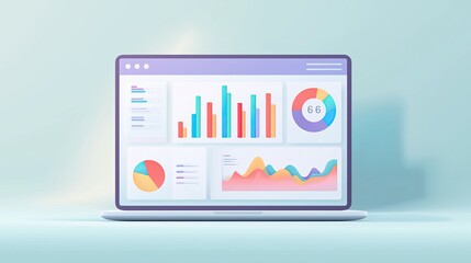 3D illustration of a business dashboard on a laptop screen showing colorful bar, pie, and line charts for data analytics, finance management, and performance tracking.