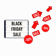 A vibrant Black Friday sale announcement features a light box display, red arrows, and sale tags, promoting discounts and special offers for shoppers.