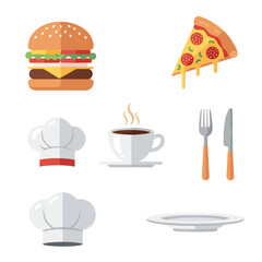 A collection of flat design icons representing food and culinary elements, including a burger, pizza, coffee, chef hats, and cutlery.