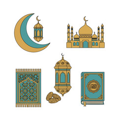 Ramadan themed illustration with mosque, lantern, moon, book, rug, and dates.