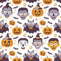 Fototapeta premium Spooky halloween pattern featuring cute monsters pumpkins bats and spiders fun holiday design
