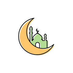 A stylized illustration of a mosque nestled within a crescent moon, symbolizing Islamic culture and religious observance.