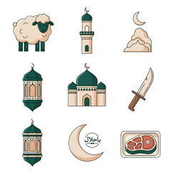 A collection of nine illustrated icons representing the Islamic holiday of Eid al-Adha, the festival of sacrifice.