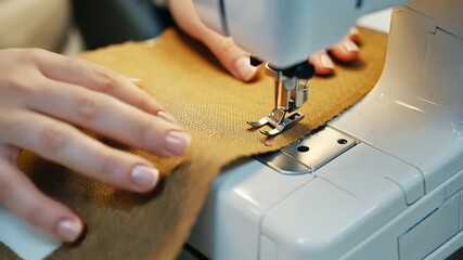 Industrial sewing machine stitching fabric with precision in a professional textile production setting, demonstrating efficiency, skilled craftsmanship, and high-quality garment manufacturing