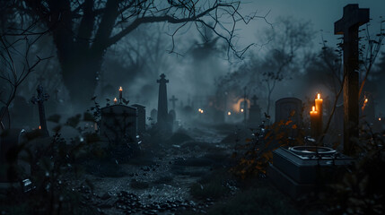 Fototapeta premium old cemetery at night thick fog