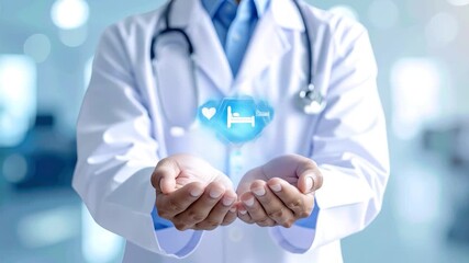 Medical professional holds glowing digital icons heart, pill, bed, wheelchair, symbolizing holistic healthcare services - Powered by Adobe