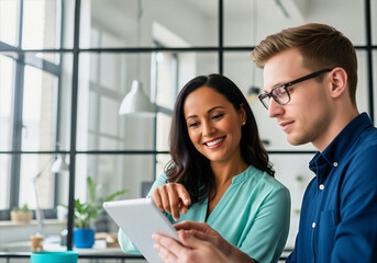 Smiling coworkers collaborating on tablet in bright modern office, mentoring and teamwork
